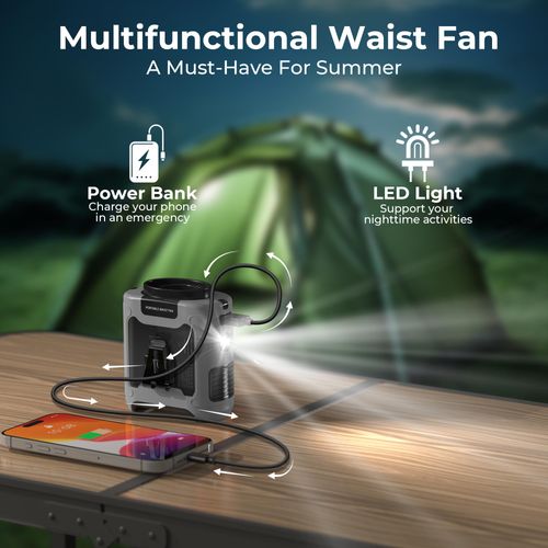 Portable Waist Fan 10000mAh Power Bank, 3 in 1 Outdoor Fan with Torch