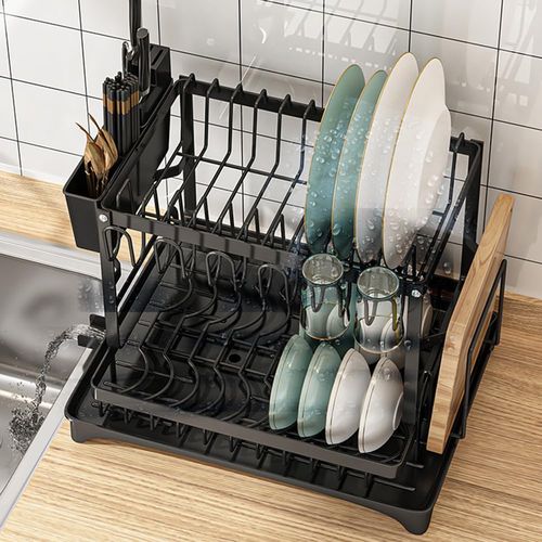 2-tier Dish Drying Rack, Detachable Dish Organizer with Drainboard