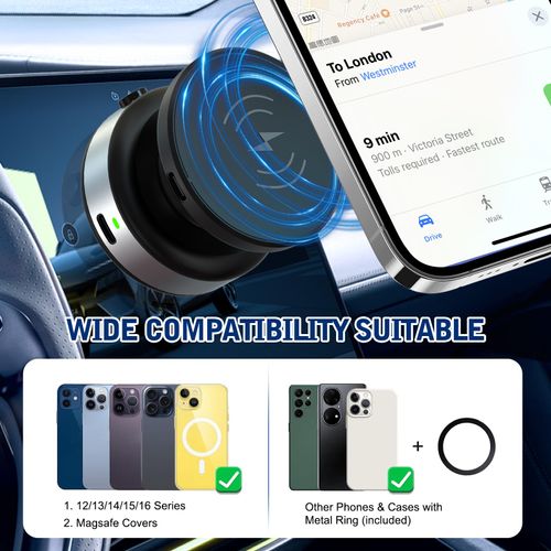 Strong Magnets Car Phone Mount with Wireless Charger  & Metal Ring, 360° Adjustable Phone Holder