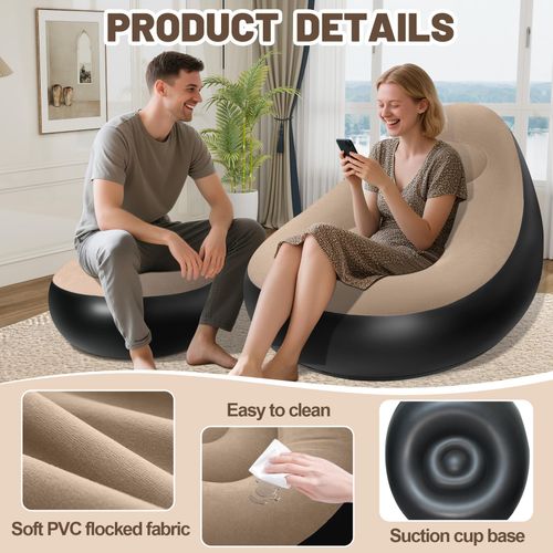 Portable Inflatable Sofa Ottoman Set with Electric Pump, Waterproof Flocked Inflatable Air Sofa