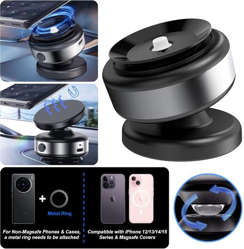 Strong Magnets Car Phone Mount with Wireless Charger  & Metal Ring, 360° Adjustable Phone Holder