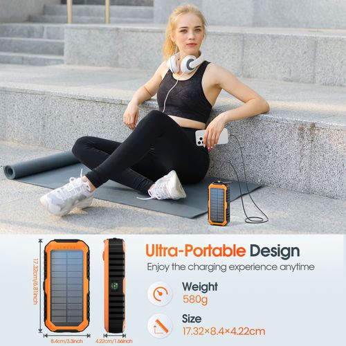 40,000mAh Solar Power Bank with Hand Crank, Built-in 4 Cables, Compass & Level, LED Flashlight - Portable Charger for Camping