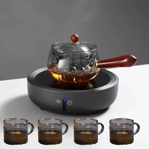 Ceramic Stove with Glass Teapot & 4pcs Teacups Stovetop Kettle Set for Loose Leaf Tea