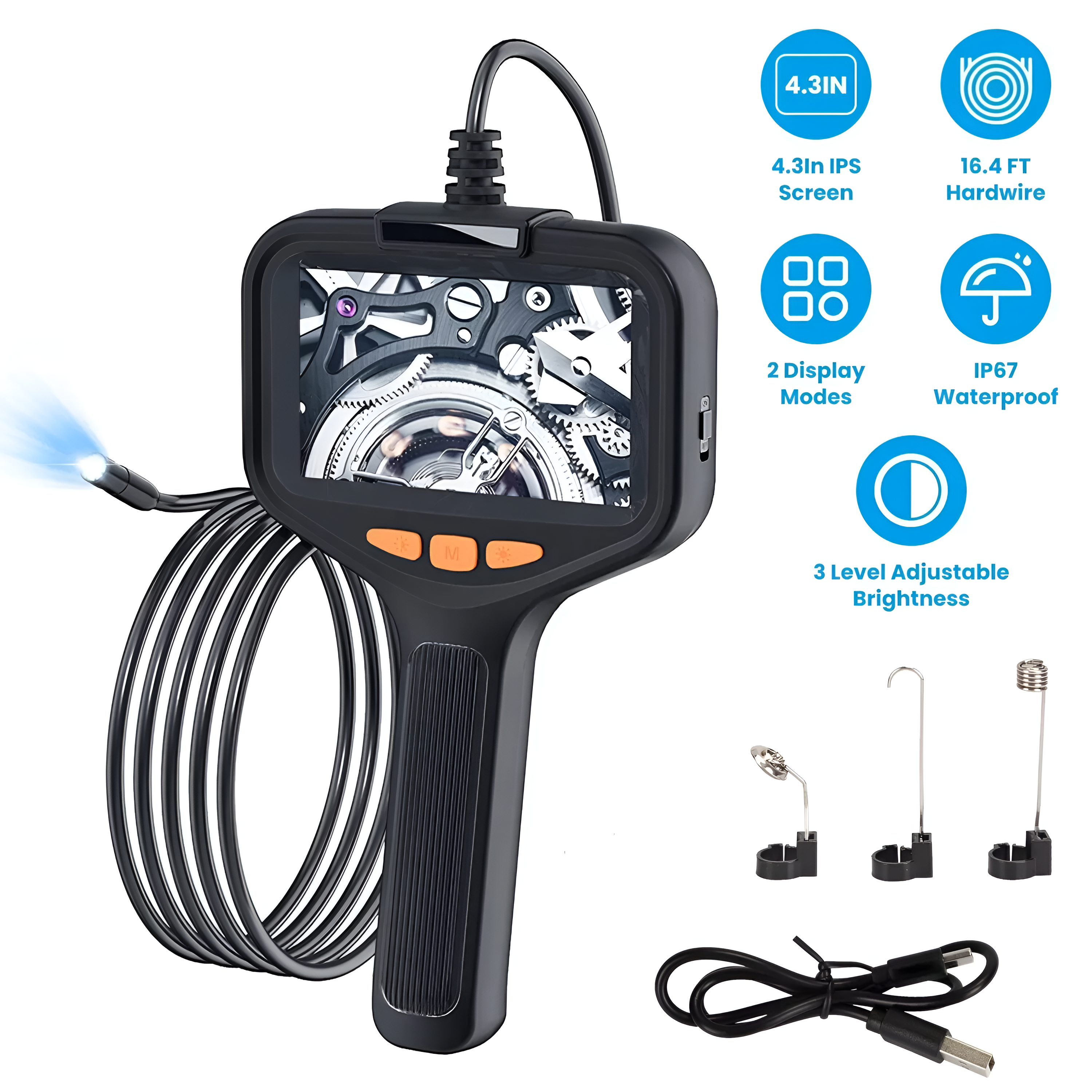 Handheld Waterproof Endoscope with 3 Hooks, HD LCD Screen Endoscope Inspection Camera