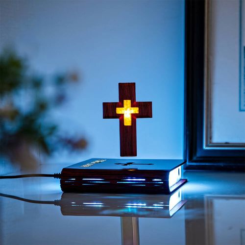 Christian Magnetic Levitation Floating Cross Night Light with Bible Book Base