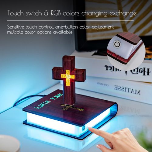 Christian Magnetic Levitation Floating Cross Night Light with Bible Book Base