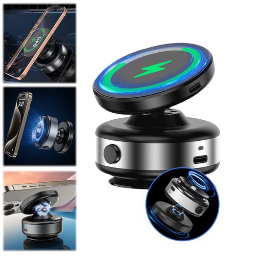 Strong Magnets Car Phone Mount with Wireless Charger  & Metal Ring, 360° Adjustable Phone Holder