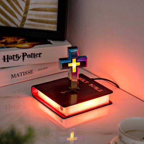 Christian Magnetic Levitation Floating Cross Night Light with Bible Book Base