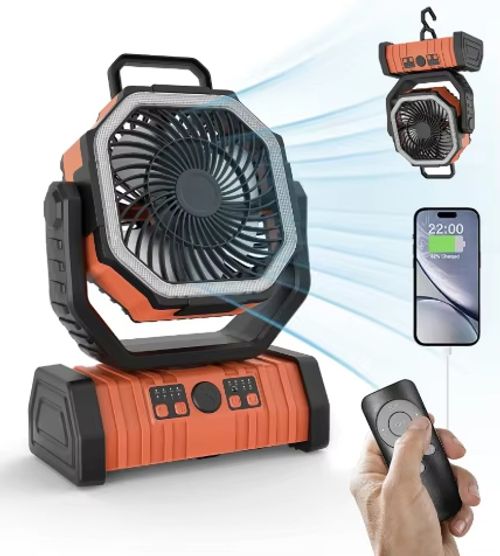 Portable Rotation Outdoor Cooling Fan, Rechargeable Camping Fan with LED Light & Hook