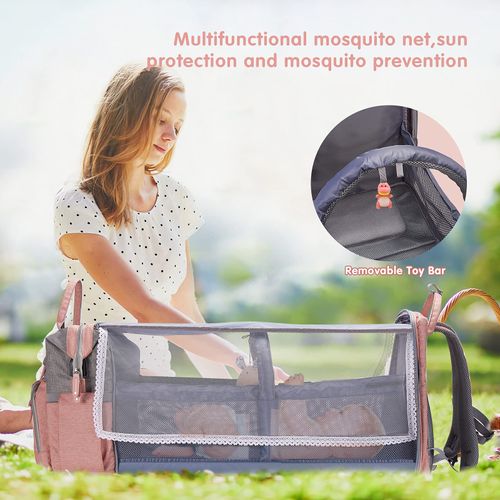Portable Baby Crib, Foldable Mommy Bag Waterproof Diaper Bag with Mosquito Net