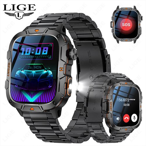 Waterproof Smart Watch with LED Flashlight 1.96inch Large Screen Bluetooth Calling AI Voice