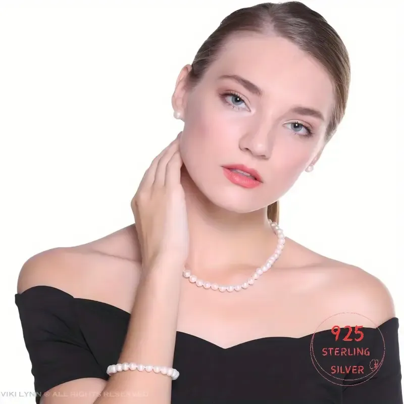 Elegant Pearl Necklace:Set 8-9mm Pearls Necklace with Earring & Bracelet
