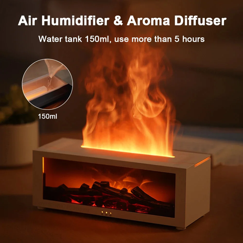 New Creative Fireplace Design Colorful Flame Lamp Essential Oil Diffuser Aromatherapy Machine（Black or white+ three bottles of 10ml essential oil）
