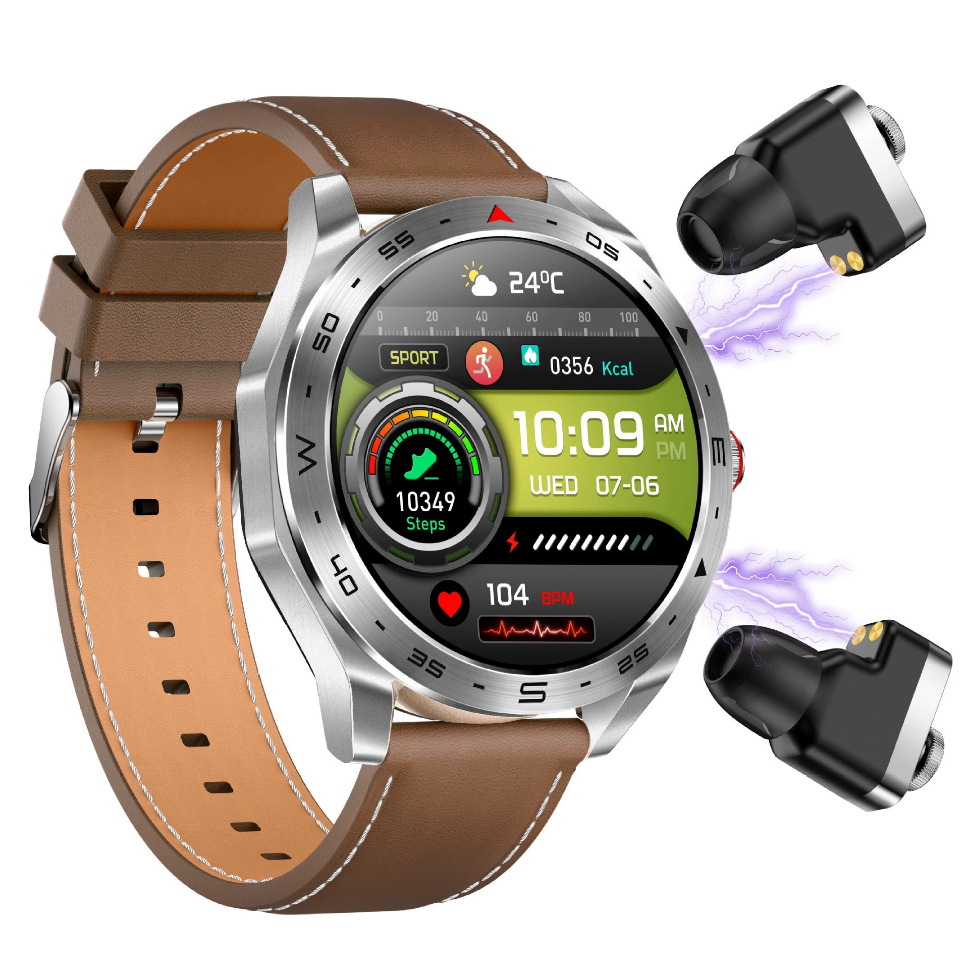 Smart Watch With Earbuds 1.52 Inch HD Round Full Touch Screen Waterproof 400mAh 2IN1 BT Call SmartWatches