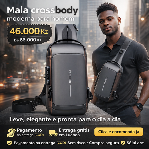 Mochila Crossbody Resistente, Antifurto com Carregamento USB - Companhia Perfeita para o Seu Dia a Dia em Angola