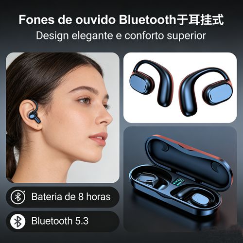 Fone de Ouvido Open-Ear Bluetooth Premium – Design Ergonômico, Áudio de Alta Fidelidade e Bateria de Longa Duração