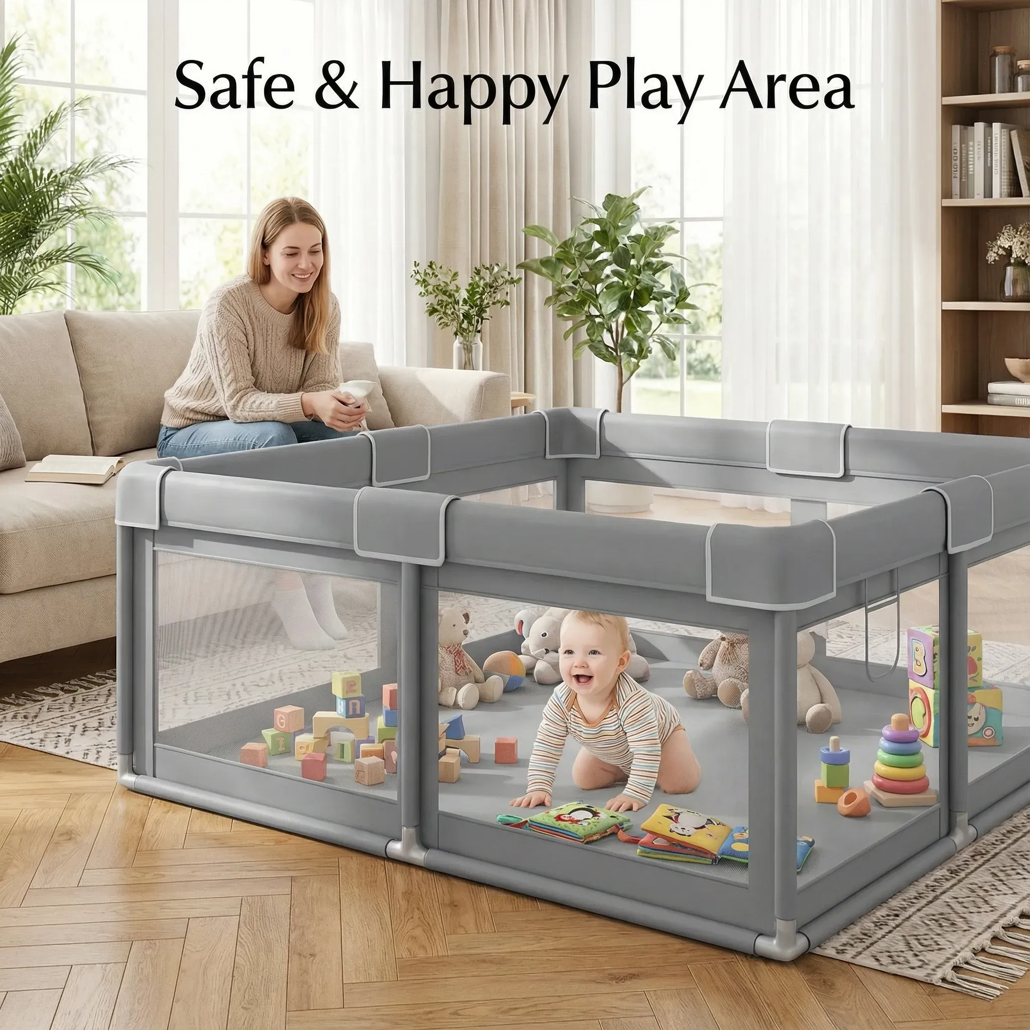 Baby Playpen, Safety Baby Play Area with Breathable Mesh & Anti-Fall Design, Foldable Indoor Outdoor Baby Play Yard for Toddlers, Kids Activity Center