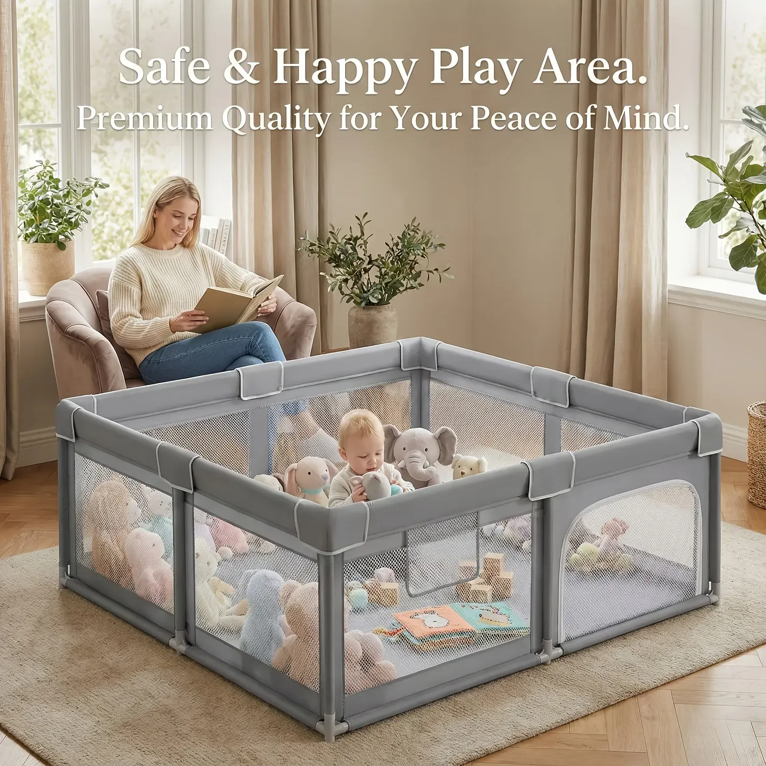 Baby Playpen, Safety Baby Play Area with Breathable Mesh & Anti-Fall Design, Foldable Indoor Outdoor Baby Play Yard for Toddlers, Kids Activity Center