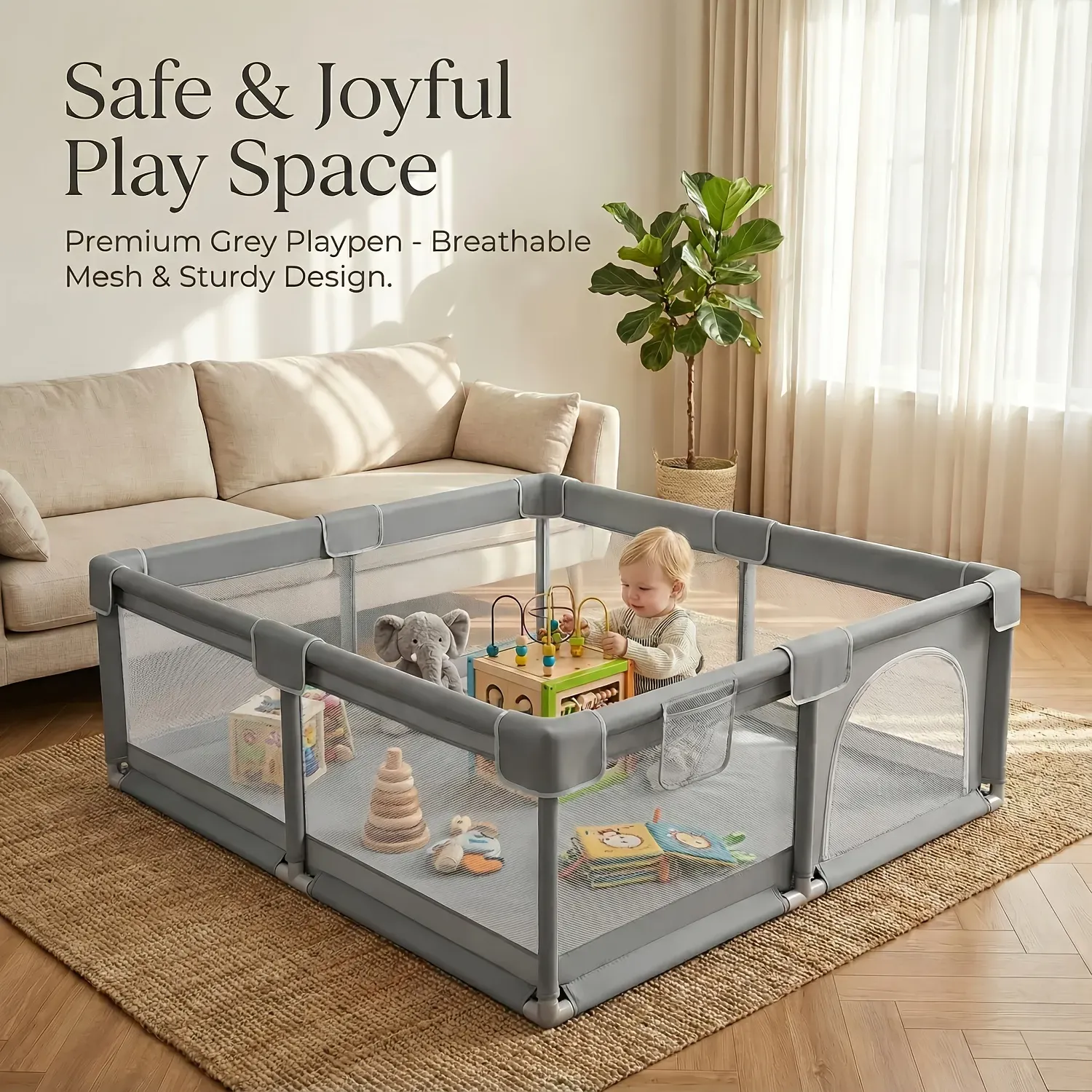 Baby Playpen, Safety Baby Play Area with Breathable Mesh & Anti-Fall Design, Foldable Indoor Outdoor Baby Play Yard for Toddlers, Kids Activity Center