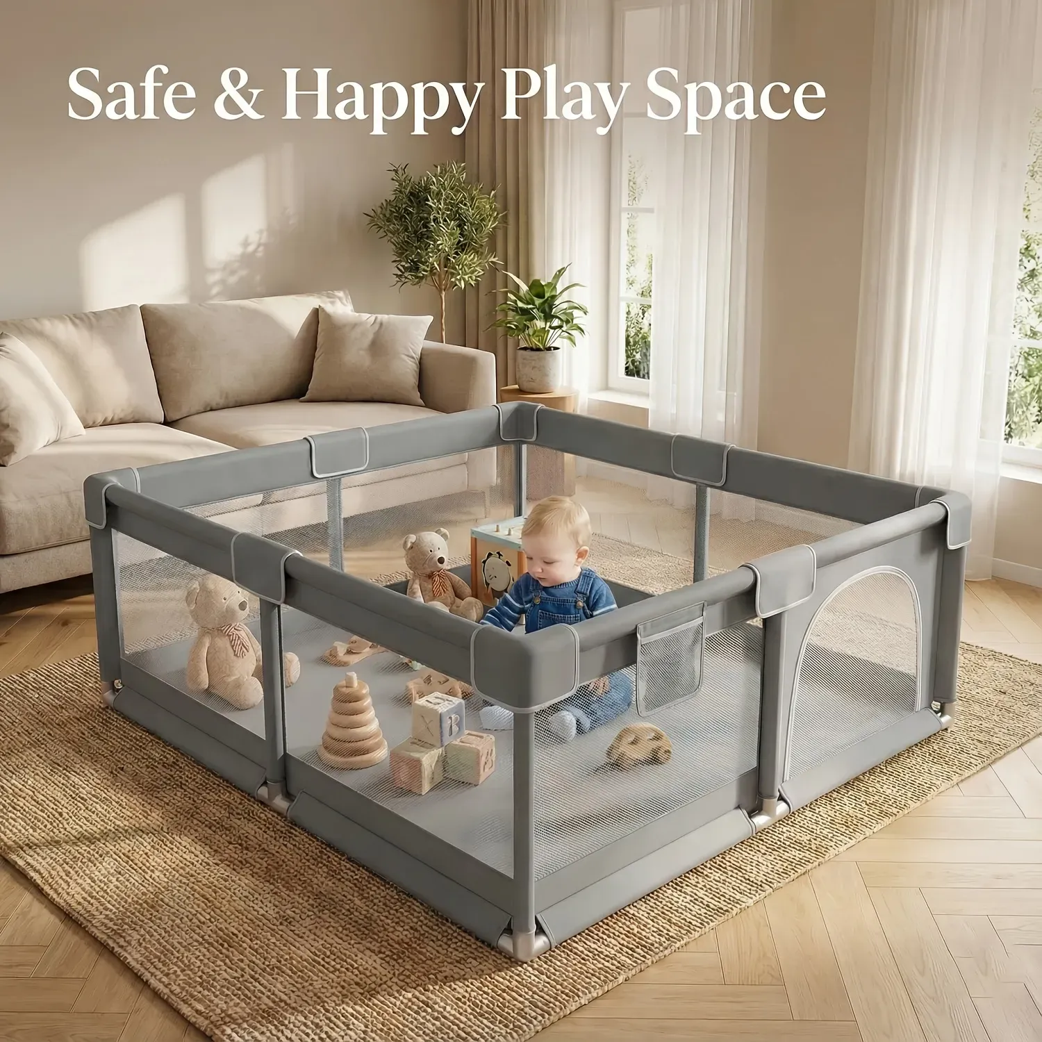 Baby Playpen, Safety Baby Play Area with Breathable Mesh & Anti-Fall Design, Foldable Indoor Outdoor Baby Play Yard for Toddlers, Kids Activity Center