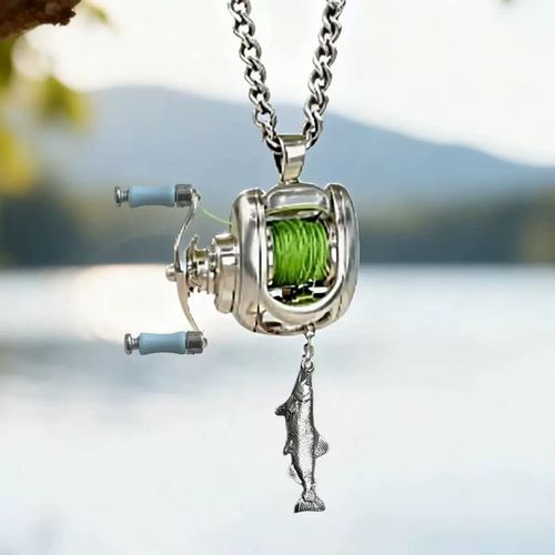 Fishing Reel Necklace Rotating Handle Swirling Reel Pendant Keychain Backpack Charm Keychain for Fishermen