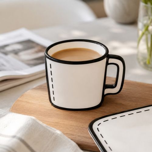 Trendy 2D-style ceramic cup and saucer set – unique anime-inspired mug for home or office coffee use