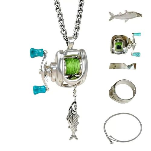 Fishing Reel Necklace Rotating Handle Swirling Reel Pendant Keychain Backpack Charm Keychain for Fishermen