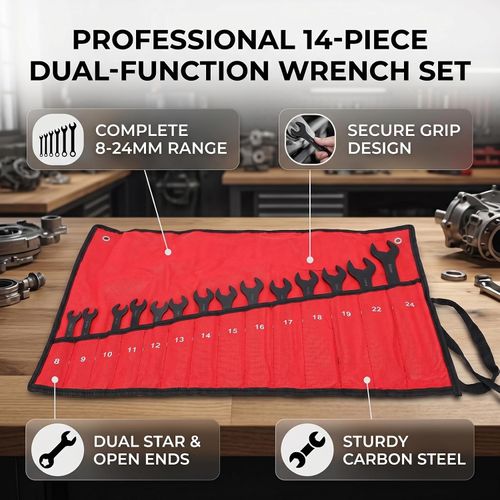 14-Piece Combination Wrench Set (Open-End & Ring) – Automotive Repair Tool Kit