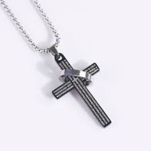 Men's Stainless Steel Cross Pendant Necklace Hip Hop Long Sweater Chain with English Letters