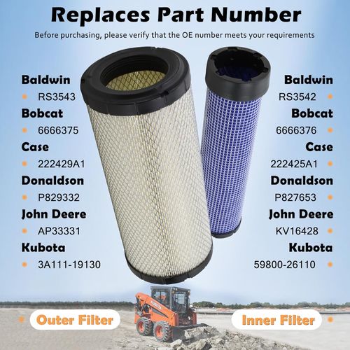 59800-26110 3A111-19130 Air Filter Kit Fit for Kubota Skid Steer Loader SSV65 SSV75 SVL75 SVL75-2 SVL75C SVL75C-2 Replaces  P827653 P829332