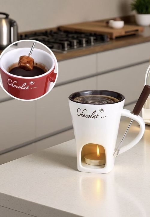 Ceramic Christmas Fondue Mug with Fork – For Melting Chocolate, Cheese, Candy, or Butter