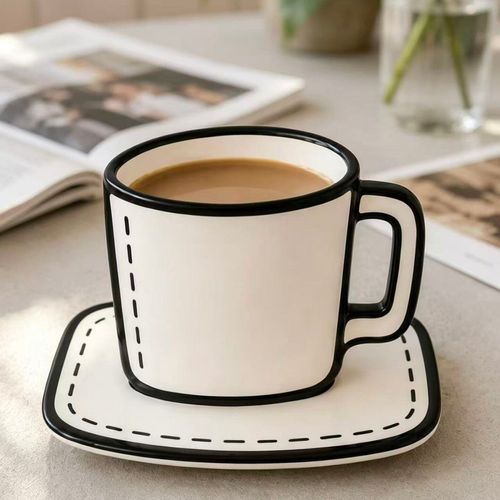 Trendy 2D-style ceramic cup and saucer set – unique anime-inspired mug for home or office coffee use