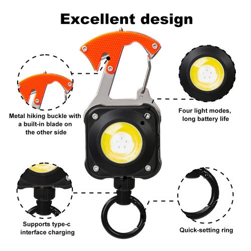 Retractable Keychain Flashlight: High-Intensity Rechargeable Light, Multifunctional Outdoor Tool with Emergency Escape Hammer, Portable LED Strobe Warning Light.
