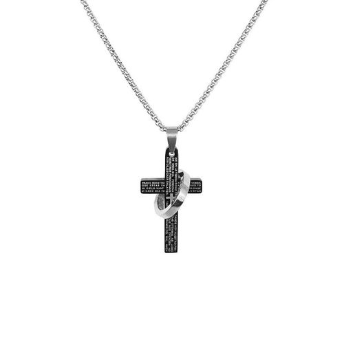 Men's Stainless Steel Cross Pendant Necklace Hip Hop Long Sweater Chain with English Letters