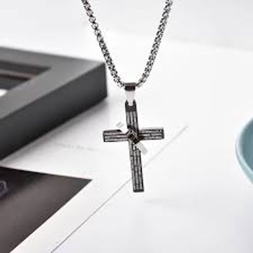 Men's Stainless Steel Cross Pendant Necklace Hip Hop Long Sweater Chain with English Letters