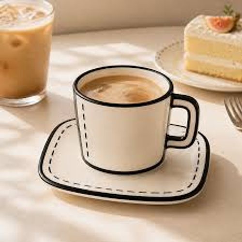 Trendy 2D-style ceramic cup and saucer set – unique anime-inspired mug for home or office coffee use
