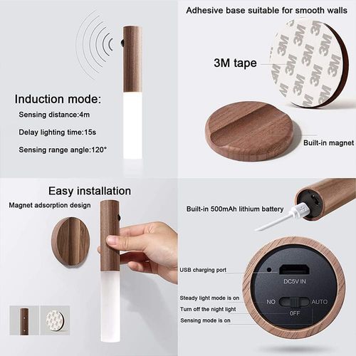 New Motion-Sensor Night Light: Rechargeable Ambient Light with Faux Wood Grain, Magnetic Wall-Mount Design, Ideal for Bedroom Bedside Use