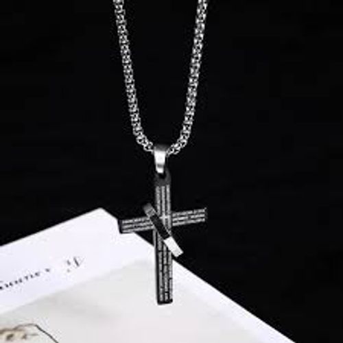Men's Stainless Steel Cross Pendant Necklace Hip Hop Long Sweater Chain with English Letters