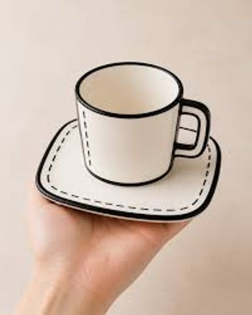 Trendy 2D-style ceramic cup and saucer set – unique anime-inspired mug for home or office coffee use