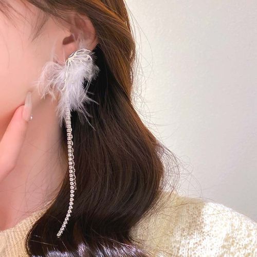 Diamond-encrusted Bow Feather Tassel Earrings