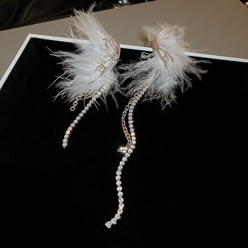 Diamond-encrusted Bow Feather Tassel Earrings