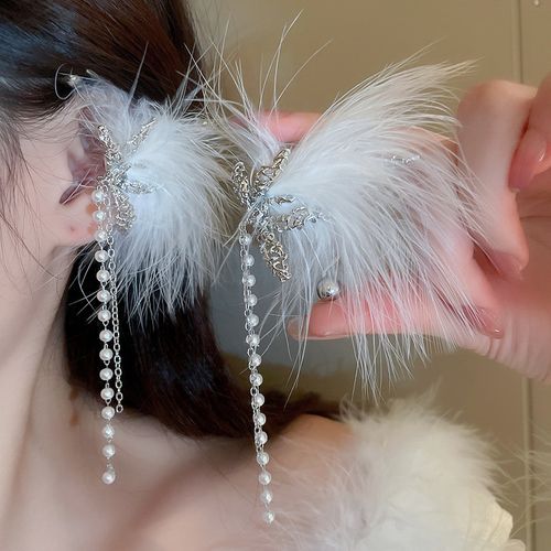 Diamond-encrusted Bow Feather Tassel Earrings