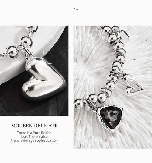 Crystal Crushed Silver Bracelet (Silver) + Heart Beaded Bracelet (Silver) Set