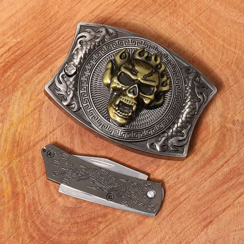 Men's DIY Gold Poker Hidden Folding Knife Leather Belt  (9)