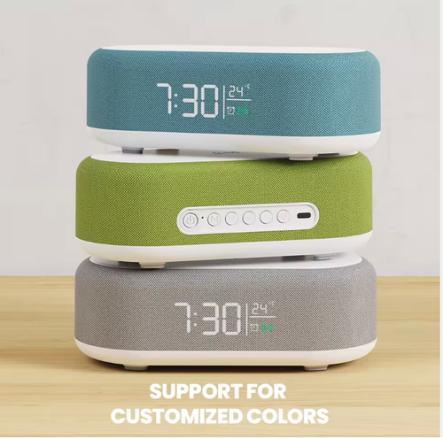 Customized portable smart music speaker with 6-in-1 multi-functional RGB lighting, includes phone alarm clock and wireless charger.