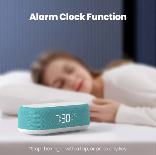 Customized portable smart music speaker with 6-in-1 multi-functional RGB lighting, includes phone alarm clock and wireless charger.