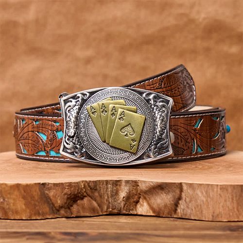 Men's DIY Gold Poker Hidden Folding Knife Leather Belt  (9)