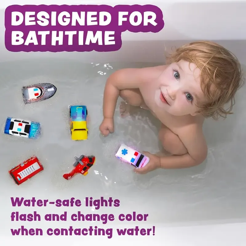 Tub Works Emergency Cars Light Up Bath Toys 6 Pack Water Activated Flashing Colors Soft Squeezable Sensory Toys for Kids Bath Fun in the Tub