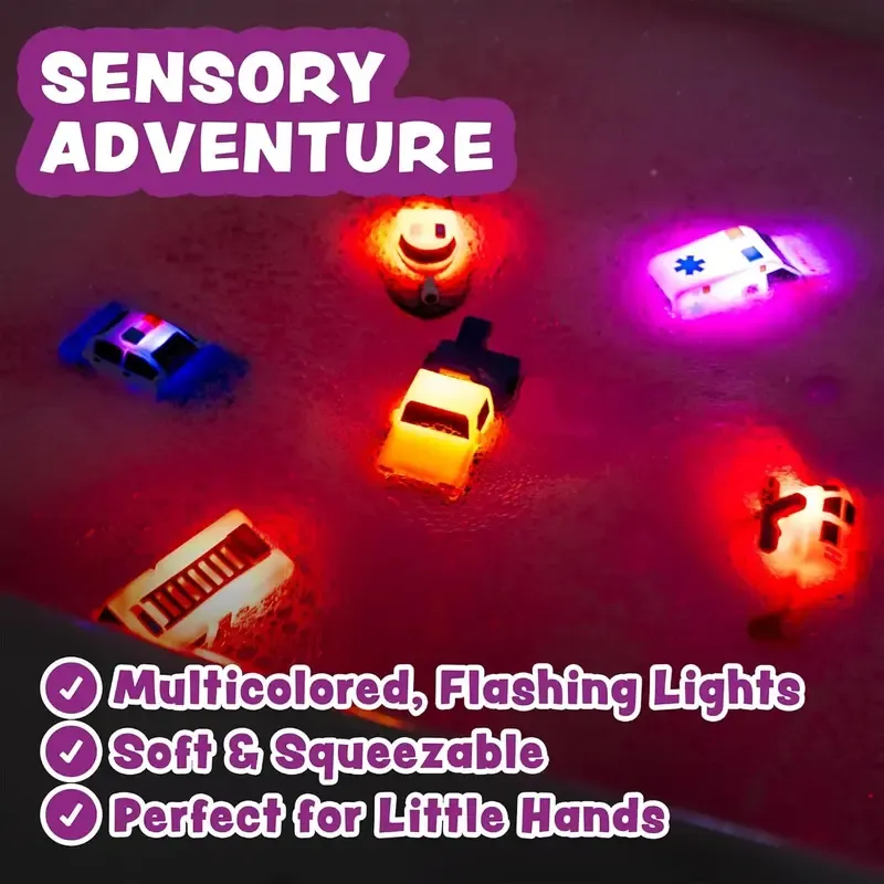 Tub Works Emergency Cars Light Up Bath Toys 6 Pack Water Activated Flashing Colors Soft Squeezable Sensory Toys for Kids Bath Fun in the Tub