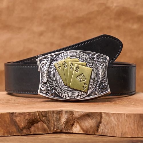 Men's DIY Gold Poker Hidden Folding Knife Leather Belt  (9)